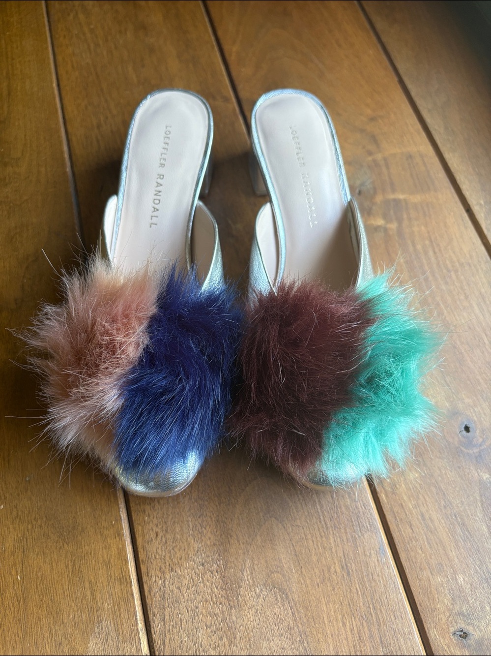 Loeffler Randall Metallic Slide Mules with Multicolor Fur Trim